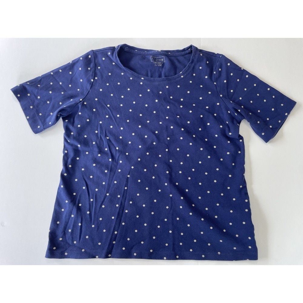 L.L.Bean Women's Medium Blue Polka Dot Short Sleeve Tee Shirt 100% Cotton